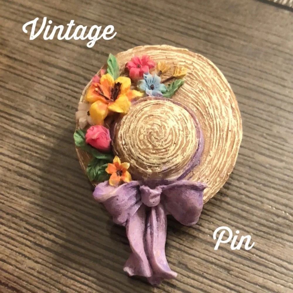 Vintage Resin Straw Hat Pin with Flowers, Purple Bow, Bonnet